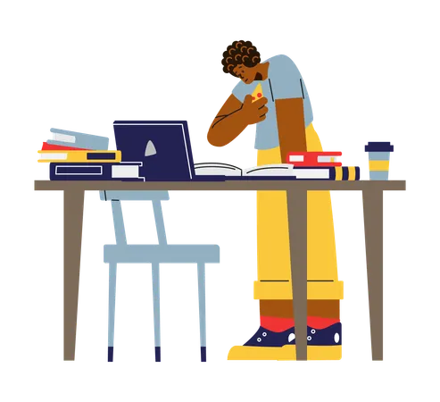 Male student leaning over desk filled with book  Illustration