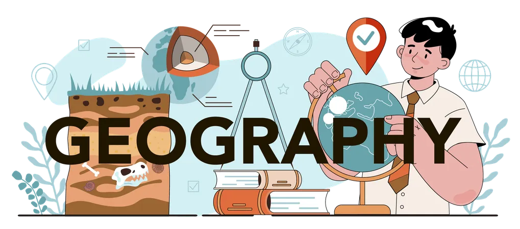 Geography Typographic Header Students Learning The Lands And Inhabitants Of The Earth Mapping And Environment Research Geology And Cartography Studying Flat Vector Illustration Illustration