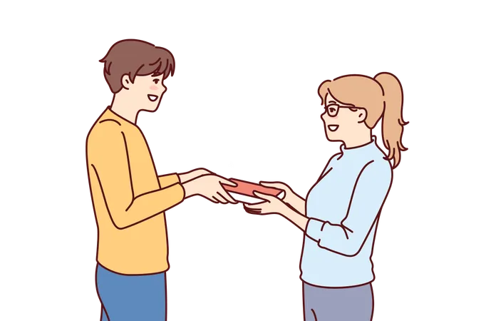 Guy Student Passes Book To Girl For Concept Of School Love Or Joint Preparation For Exams Enamored Schoolboy And Schoolgirl Holding Book To Prepare Report On Instructions Of Teacher Illustration