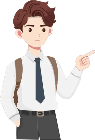 Male student points his finger to the right to show something  Illustration