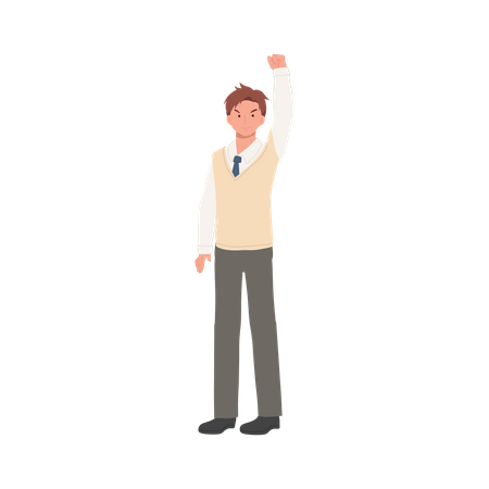 Male student raise hand up as victory  Illustration