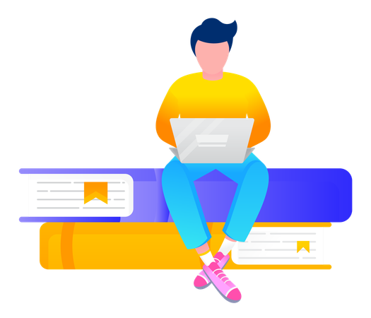 Male Student Sit on Stack of Books while taking online education  Illustration