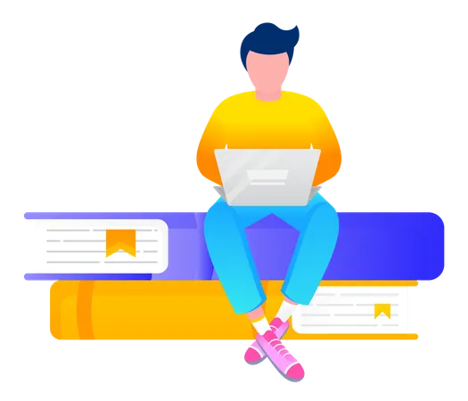 Male Student Sit on Stack of Books while taking online education  Illustration