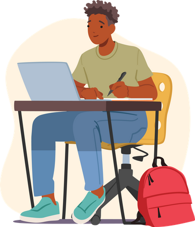 Male Student Sitting At Desk With Laptop Writing In Notebook  Illustration