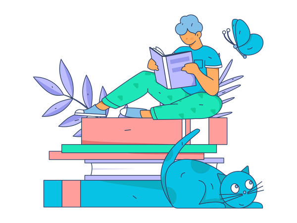 Male student sitting on book  Illustration
