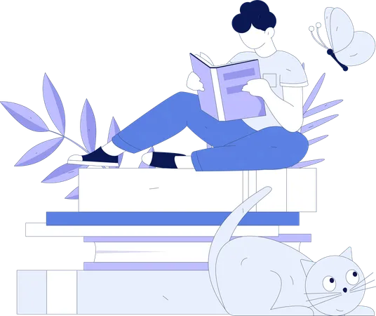 Male student sitting on book  Illustration