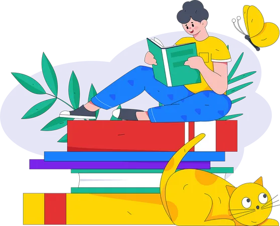 Male student sitting on book  Illustration