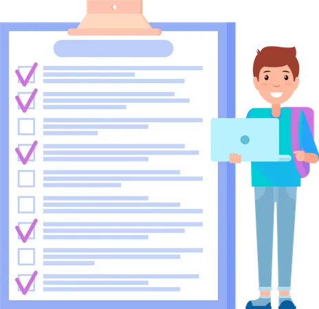 Male student standing with laptop with task planner program works with study schedule  Illustration