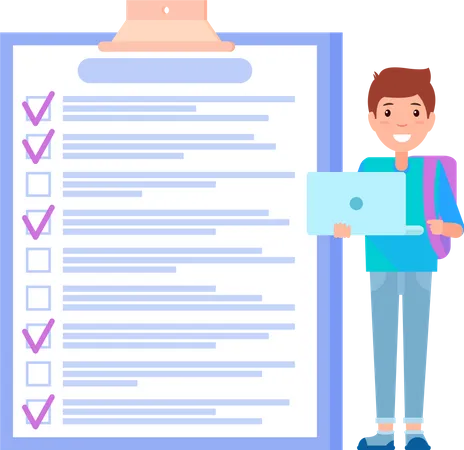 Student Standing With Laptop Near Clipboard With Check Marks To Do List Successful Time Management Checklist Planning Schoolboy With Task Planner Program On Computer Works With Study Schedule イラスト