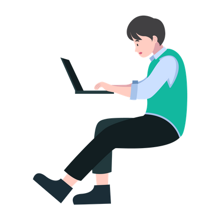Male Student Studying with Laptop  Illustration