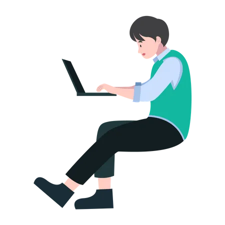 Male Student Studying with Laptop  Illustration