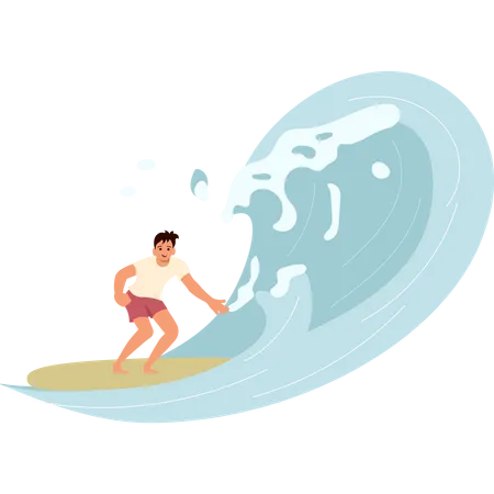 Male surfer rides the Barreled Rushing Wave Illustration