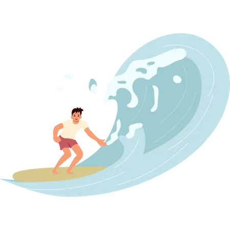 Male surfer rides the Barreled Rushing Wave  Illustration