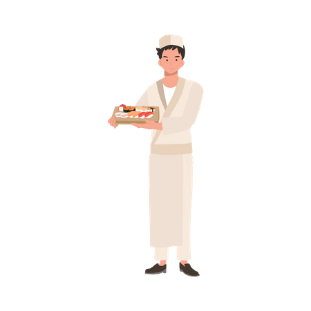 Male sushi chef holding a japanese wood plate of varieties of sushi  Illustration