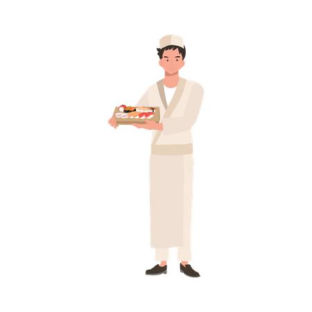 Male sushi chef holding a japanese wood plate of varieties of sushi Illustration