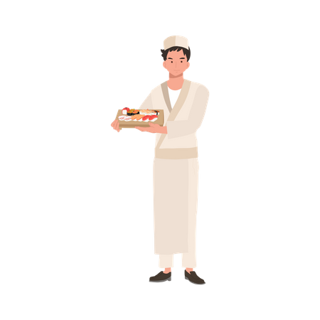 Male sushi chef holding a japanese wood plate of varieties of sushi  Illustration