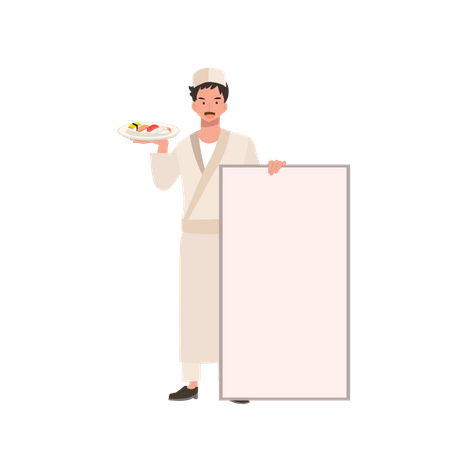 Male sushi chef holding a plate of varieties sushi and placard  Illustration