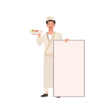 Male sushi chef holding a plate of varieties sushi and placard  Illustration