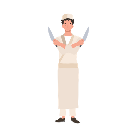 Male sushi chef holding knife Illustration