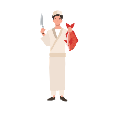 Male sushi chef holding knife and red fresh snapper fish  Illustration