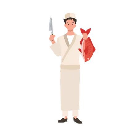 Male sushi chef holding knife and red fresh snapper fish  Illustration