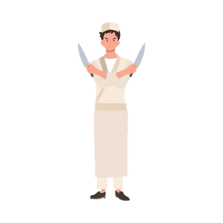 Male sushi chef holding knife  Illustration