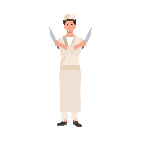 Male sushi chef holding knife  Illustration