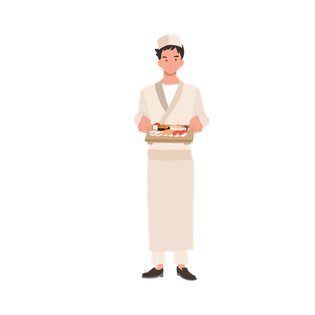 Male sushi chef holding varieties of sushi  Illustration