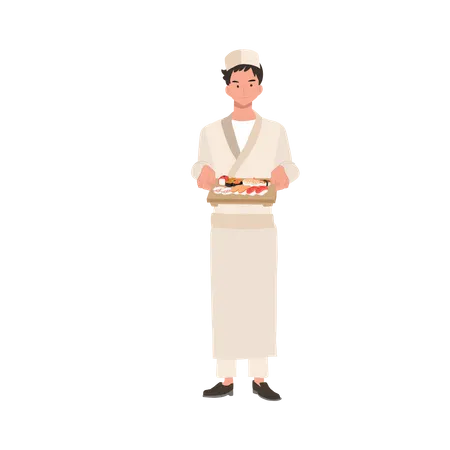 Male sushi chef holding varieties of sushi  Illustration