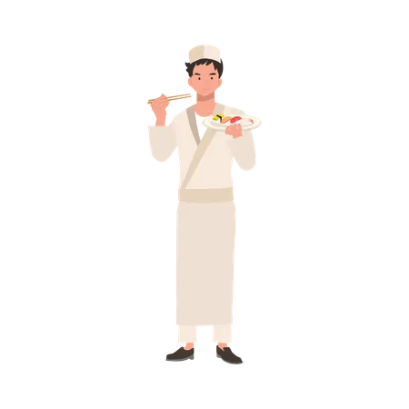 Male sushi chef is holding chopstick and a plate of varieties sushi Illustration
