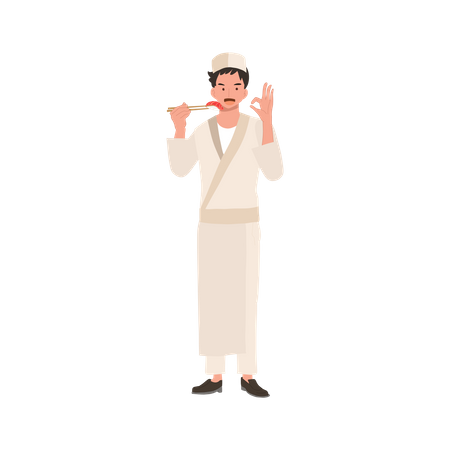 Male sushi chef is holding sushi by chopstick and doing OK hand sign as a good quality and good taste  Illustration