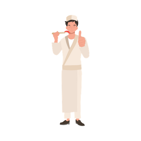 Male sushi chef is holding sushi by chopstick  Illustration