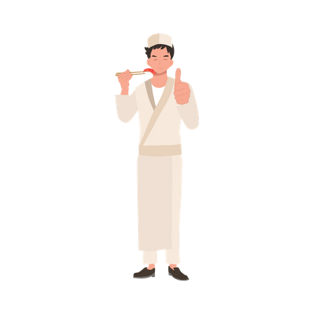 Le chef de sushi masculin tient des sushis par des baguettes  Illustration