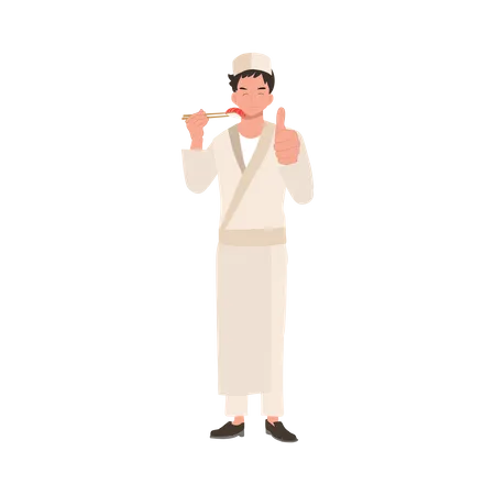 Le chef de sushi masculin tient des sushis par des baguettes  Illustration