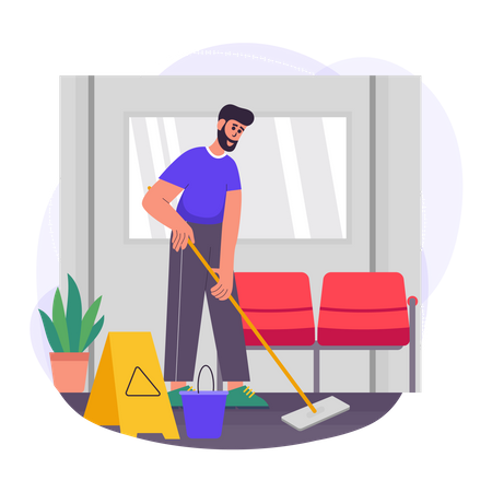 Male sweeper doing work at office Illustration