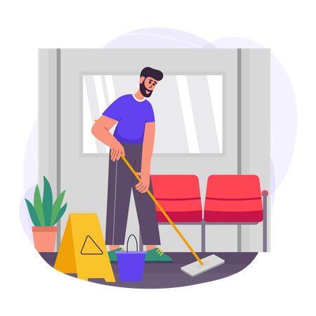 Male sweeper doing work at office  Illustration