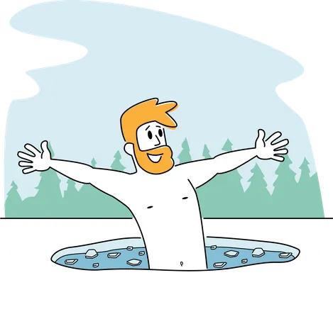 Male Character Swimming In Ice Hole In Winter Season Man Temper Take Part In Orthodox Church Holy Epiphany Day Healthy Lifestyle Internet Challenge Sports Activity Linear Vector Illustration Illustration