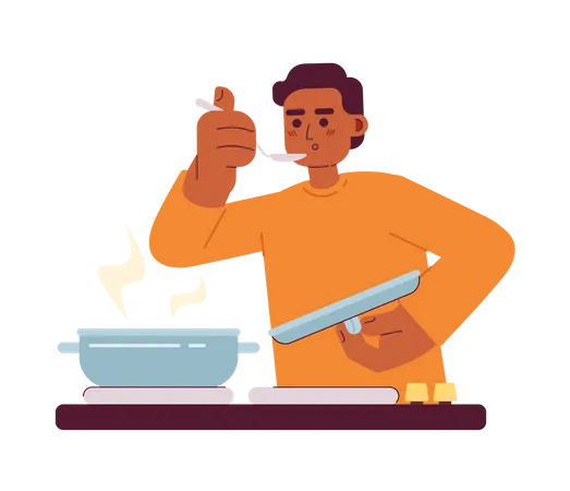 Male Chef Taste Food Semi Flat Colorful Vector Character Editable Half Body Caucasian Cooking Person On White Simple Cartoon Spot Illustration For Web Graphic Design Illustration