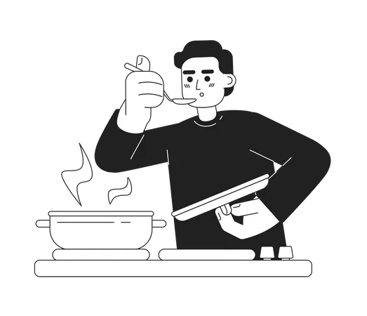 Male Chef Taste Food Monochromatic Flat Vector Character Editable Thin Line Half Body Caucasian Man With Steel Spoon Hold Lid On White Simple Bw Cartoon Spot Image For Web Graphic Design Illustration