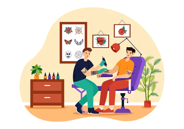 Tattoo Salon Vector Illustration Of Tattooist From Designing Drawing To Tattooing With Needle Machine And Ink Art In Flat Cartoon Background Design 일러스트레이션