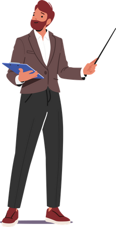 Male Teacher Character Holding Pointer And Clipboard While Explain Lesson  Illustration
