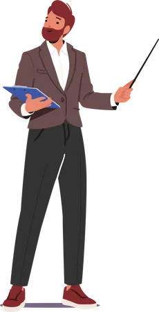 Male Teacher Character Holding Pointer And Clipboard While Explain Lesson  Illustration