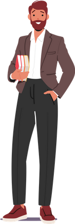 Male Teacher Character Standing With Pile Of Books In Hand  イラスト