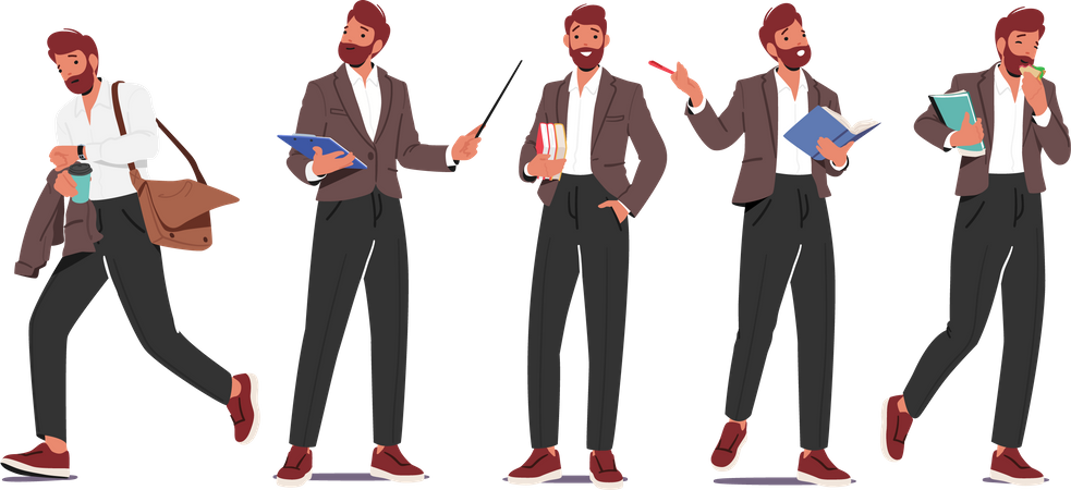 Male Teacher Depicted In Dynamic Poses With Pointer, Books  Illustration
