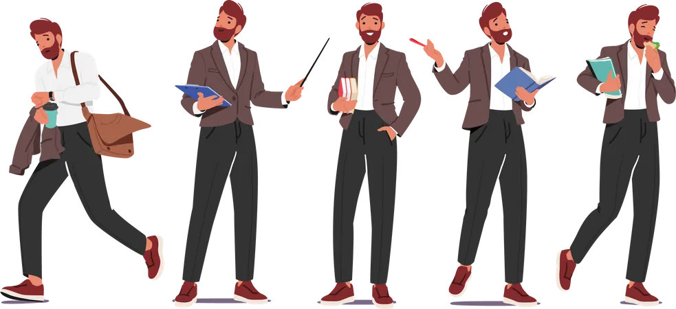 Male Teacher Depicted In Dynamic Poses With Pointer, Books  Illustration