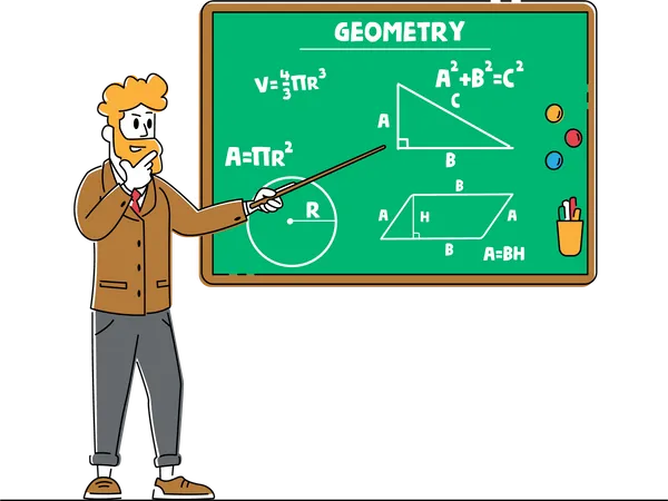 Male Teacher Character With Pointer Explain Geometry Lesson Stand At Blackboard With Formulas And Tasks Written With Chalk School Or College Education Class Knowledge Linear Vector Illustration Illustration