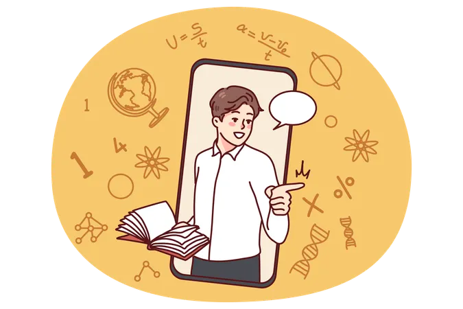 Male teacher having online lesson on cell  Illustration