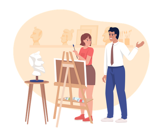 Male teacher instructing female student about art Illustration