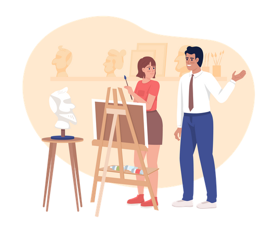 Male teacher instructing female student about art  Illustration