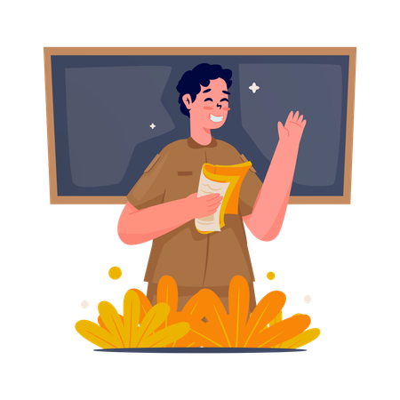 Male teacher is teaching and hold an open book in his right hand  Illustration